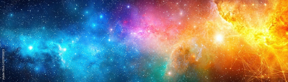 Obraz premium Multiverse and cosmic strings, glowing intergalactic patterns, holographic theoretical physics design