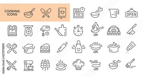 Large set of 31 cooking trendy minimal icons. Rolling Pin, Salt Shaker, Cooking Book, Chef Hat, Timer, Soup Bowl icons. Design signs for web page, mobile app, packaging design. Vector illustration