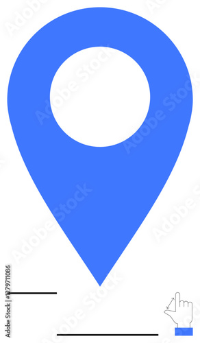 Blue map pin with hollow center beside a hand-shaped cursor. Ideal for navigation, geolocation, mapping services, destination markers, UIUX design, online tools, abstract line flat metaphor