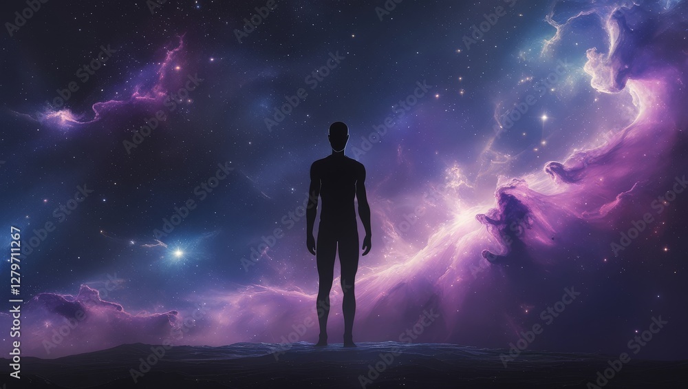 A silhouette of a person against a vibrant, swirling nebula A silhouette of a person against a vibrant, swirling nebula