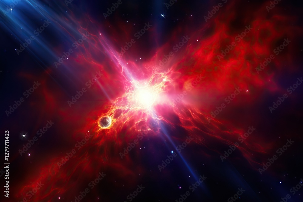 Fototapeta premium Red and blue nebula explosion in deep space. Bright cosmic burst with glowing stars and cosmic dust clouds. Galaxy explosion visualization for astronomy and science concepts