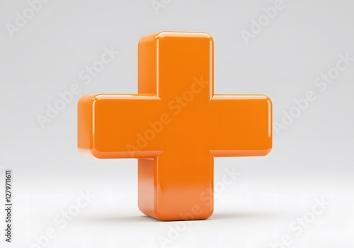 Shiny Orange Plus Sign Symbol Isolated on White Background,3D Glossy Icon.