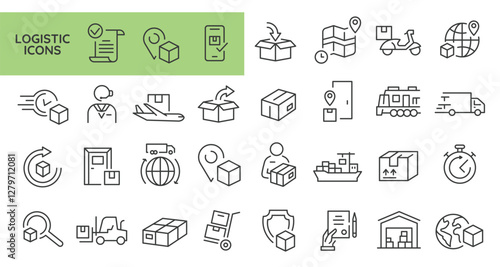 Logistic icons. Set of 31 Delivery trendy minimal icons featuring concepts such as worldwide shipping, package tracking, express mail, and secure transportation. Vector illustration 