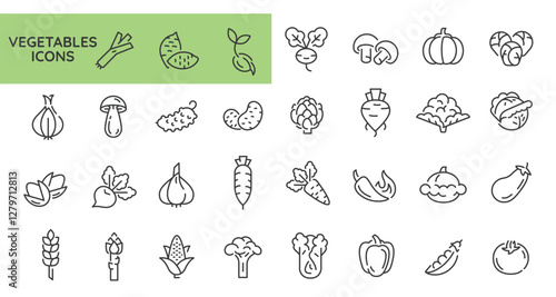 Vegetables icons. Set of 31 vegetable trendy minimal icons. Example: Celery, Mushroom, Tomato, Carrot, Pepper icon. Design signs for web page, mobile app, packaging design. Vector illustration