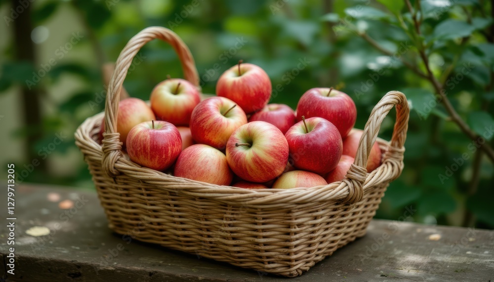 Fresh Red Apples in a Traditional Woven Basket Surrounded by Green Foliage and Natural Light Fresh Red Apples in a Traditional Woven Basket Surrounded by Green Foliage and Natural Light