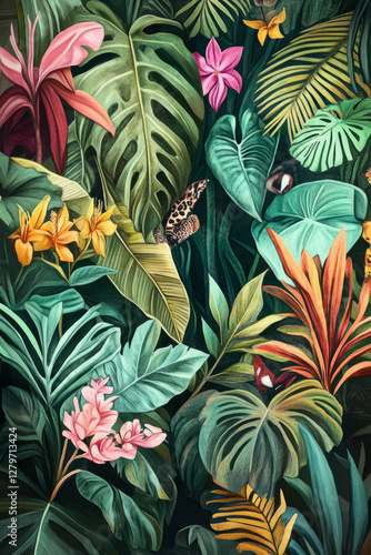 A vibrant, hand drawn digital painting of a lush jungle teeming with exotic plants, oversized leaves, and bright tropical flowers, with hidden wildlife peeking through the foliage.