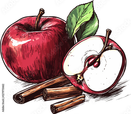Apple and apple slice with cinnamon sticks vector sketch