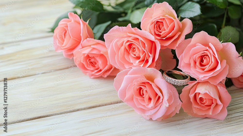 An engagement ring beside a bouquet of fresh roses on a wooden table An engagement ring beside a bouquet of fresh roses on a wooden table
