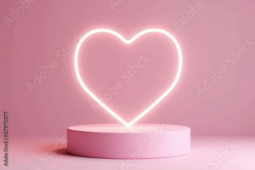 A Neon Heart Sculpture on a Pink Pedestal, Capturing the Essence of Love and Affection in a Minimalistic Setting