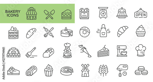 Bakery icons. Set of 31 bakery trendy minimal icons. Example: Oven, Open Sign, Cake, Whisk, Croissant icon. Design signs for web page, mobile app, packaging design. Vector illustration.