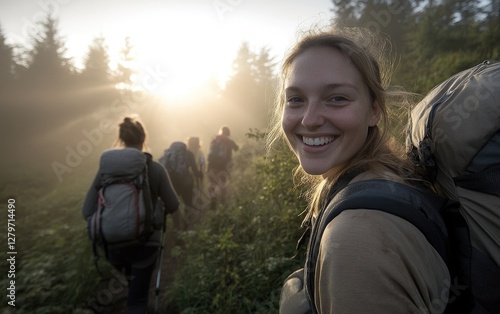 A group of enthusiastic hikers makes their way along a forest path in the early morning, surrounded by mist and soft sunlight. One woman smiles joyfully as they hike photo