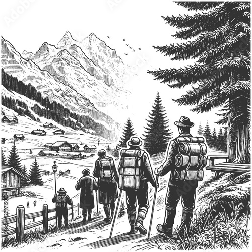 group of vintage hikers trekking through scenic alpine valley, surrounded by towering mountains and rustic villages sketch engraving generative ai vector illustration. Scratch board. Black and white.