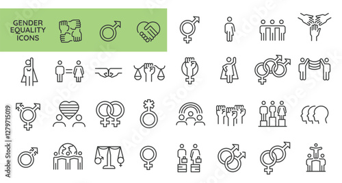 Gender equality icons. Set of 31 Equality trendy minimal icons representing diverse social issues, including gender equality, accessibility. Design signs for web page, mobile app. Vector illustration