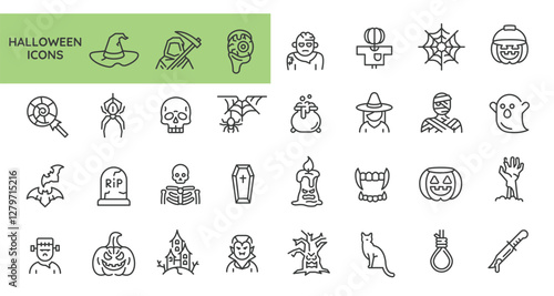 Halloween icons. Set of 31 Halloween trendy minimal icons. Skull, Zombie, Mummy, Pumpkin, Haunted House icon. Design signs for web page, mobile app, packaging design. Vector illustration