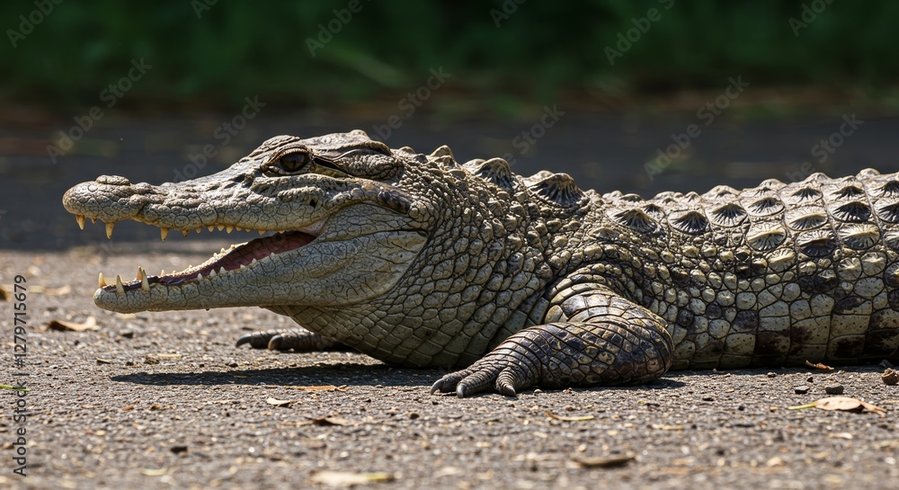 Fototapeta premium Majestic Crocodile basking in the sun, showing its incredible skin detail