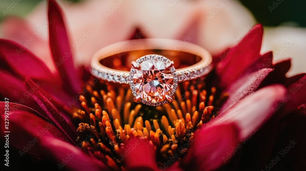 Obraz premium A rain-kissed engagement ring sitting atop a bouquet of fresh flowers