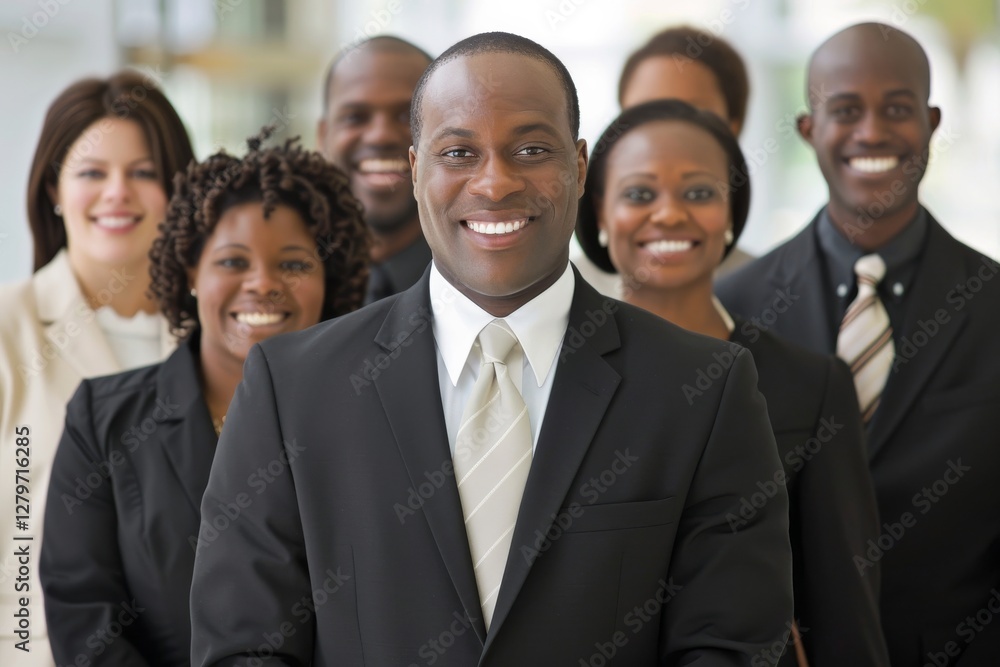 Portrait of a happy african american businessman standing in front of his team Portrait of a happy african american businessman standing in front of his team