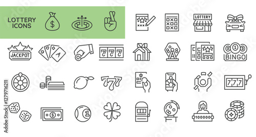 Lottery Icons. Set of 31 lottery-themed trendy minimal icons. Bingo, scratch card, Jackpot, lucky clover, winning ticket. Design signs for web page, mobile app, packaging design. Vector illustration
