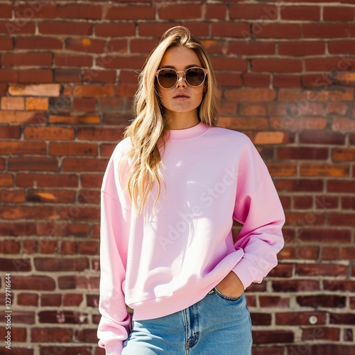 Young woman in stylish pink sweatshirt and sunglasses against a rustic brick wall.