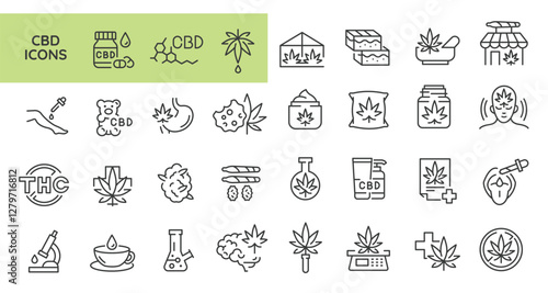 CBD icons. Set of 31 cannabis trendy minimal icons. Example: Leaf, Pills, Flask, Bud, Dispensary icon. Design signs for web page, mobile app, packaging design. Vector illustration.