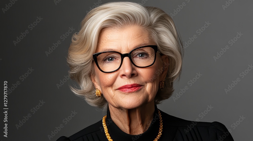Portrait of a sophisticated senior woman with short, gray hair, wearing glasses and a gold necklace. Portrait of a sophisticated senior woman with short, gray hair, wearing glasses and a gold necklace.