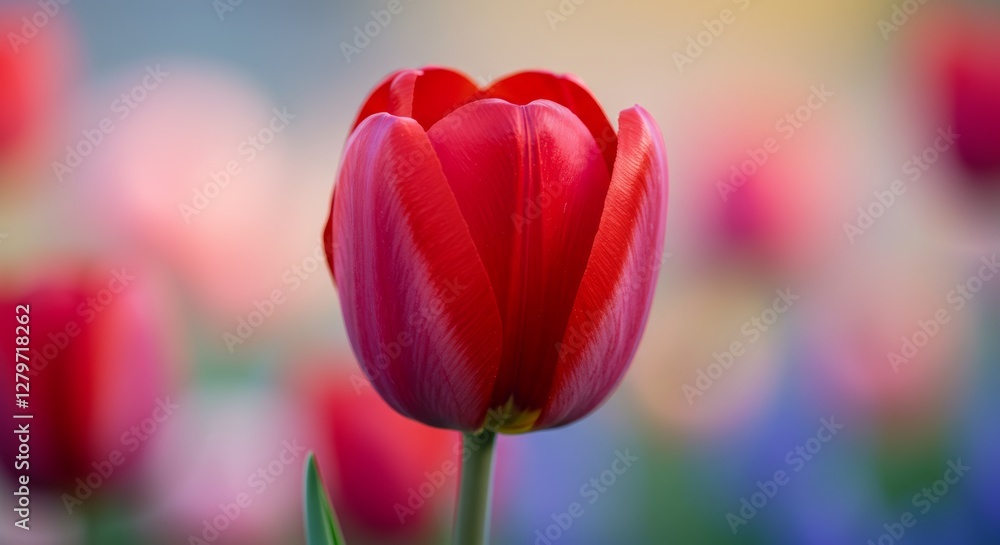 Crimson tulip blossom in soft focus with blurred floral backdrop Crimson tulip blossom in soft focus with blurred floral backdrop