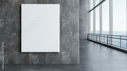 A sleek white poster awaits on a dark wall, perfect for ad space in a bright modern office with stunning outdoor views. photo