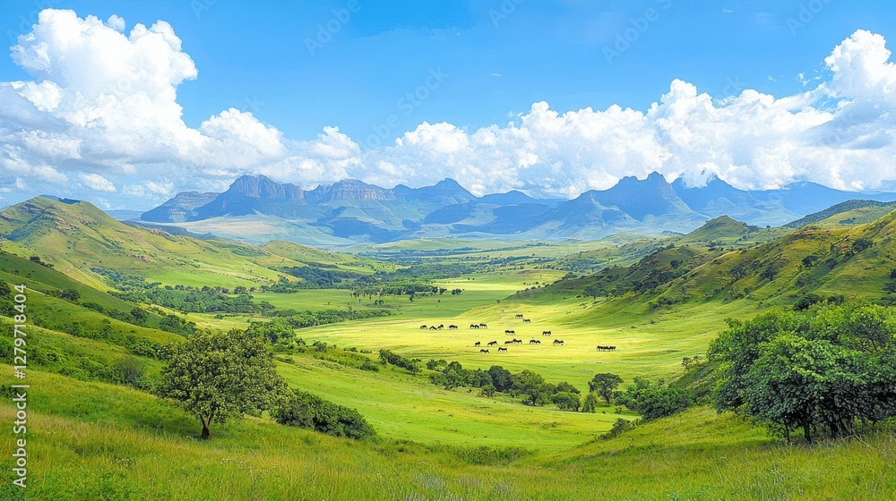 Obraz premium A panoramic view of the Drakensberg Mountains with wildlife roaming the plains below