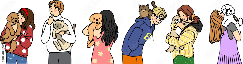 People love their cats dogs, and puppies isolated on a white background. Happy domestic animal owners hug pet vector flat illustration People love their cats dogs, and puppies isolated on a white background. Happy domestic animal owners hug pet vector flat illustration