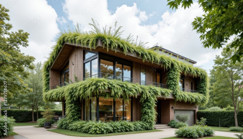 Modern Eco-Friendly House Surrounded by Lush Greenery and Vibrant Plants in a Scenic Setting Modern Eco-Friendly House Surrounded by Lush Greenery and Vibrant Plants in a Scenic Setting