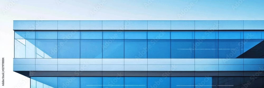 Fototapeta premium This urban office space harmonizes with its surroundings through reflective surfaces.