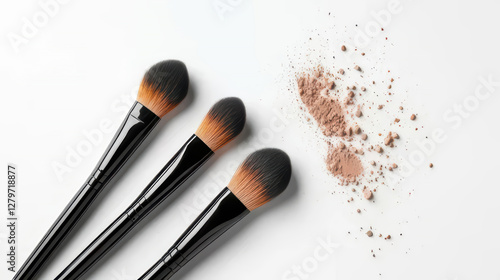 makeup brushes with scattered powder on white background