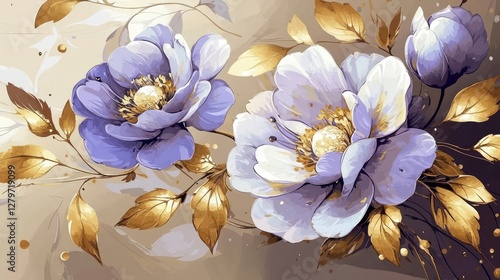 Captivating gouache painting featuring vibrant purple flowers and shimmering gold leaves.