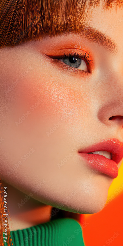 Young Caucasian female with vibrant makeup and auburn hair in a colorful fashion portrait Young Caucasian female with vibrant makeup and auburn hair in a colorful fashion portrait