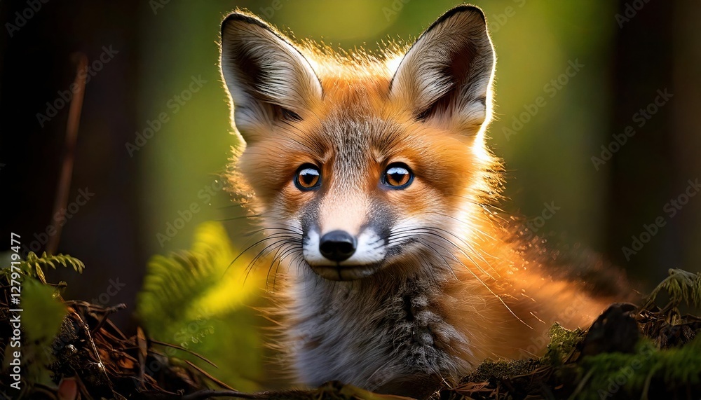 Wild fox gazes curiously among the ferns in a sunlit forest setting Wild fox gazes curiously among the ferns in a sunlit forest setting