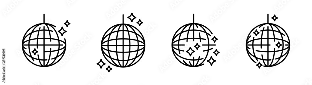 Glittering disco ball icons. Shining mirror sphere for nightclub party. Party discoball. Glittering disco ball icons. Shining mirror sphere for nightclub party. Party discoball.