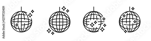 Glittering disco ball icons. Shining mirror sphere for nightclub party. Party discoball.