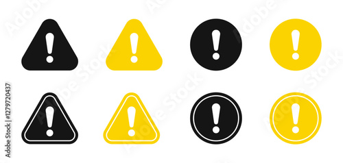 Caution alarm set, danger signs. Exclamation marks. Warning and attention icons. Attention sign icons. Warning icons.