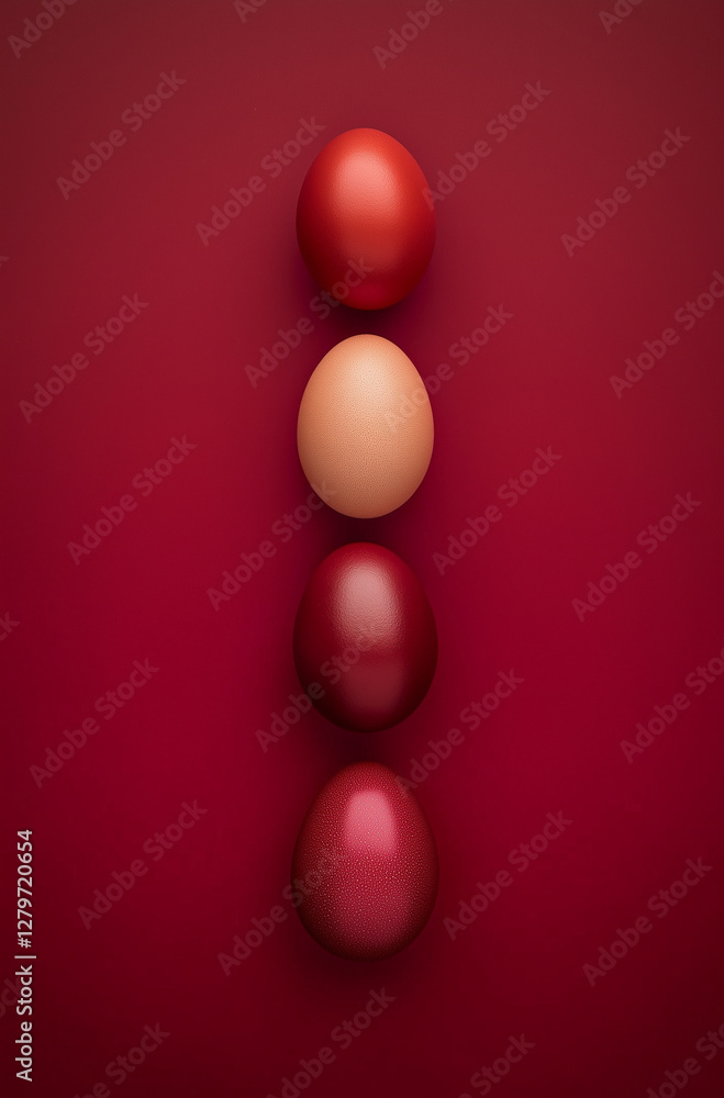 Red and burgundy eggs are arranged in a vertical line against a red background.Minimal creative food concept.Copy space,flat lay