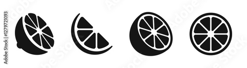 Citrus fruit slice icons. Orange slice shape set. Citrus black symbol collection. Citrus fruit whole, half and pieces silhouettes.