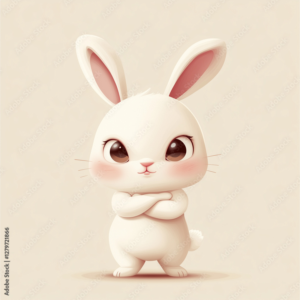 Fototapeta premium A cute cartoon bunny with folded hands, pouting and frowning, featuring a white rabbit with pink cheeks and black eyes.