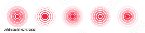 Red pain circles. Pain localization sign and pain pointings. Circles for marking human pain. Injury marker