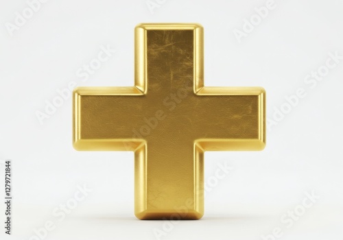 Shiny Gold Plus Sign Symbol Isolated on White Background,3D Metallic Plus Icon.