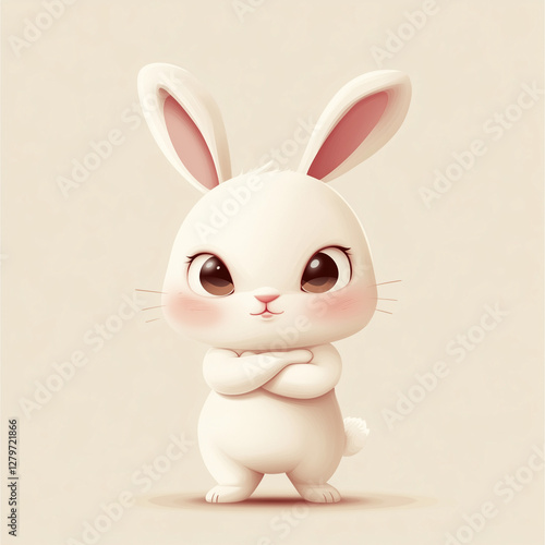 A cute cartoon bunny with folded hands, pouting and frowning, featuring a white rabbit with pink cheeks and black eyes.