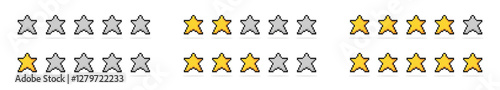 Pixelated five stars customer product rating review. Pixel five stars rating. Yellow isolated five stars. Customer feedback. Vector 5 stars rating review.