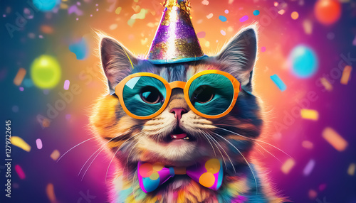 Colorful Cat Party Celebration with Balloons and Party Hat