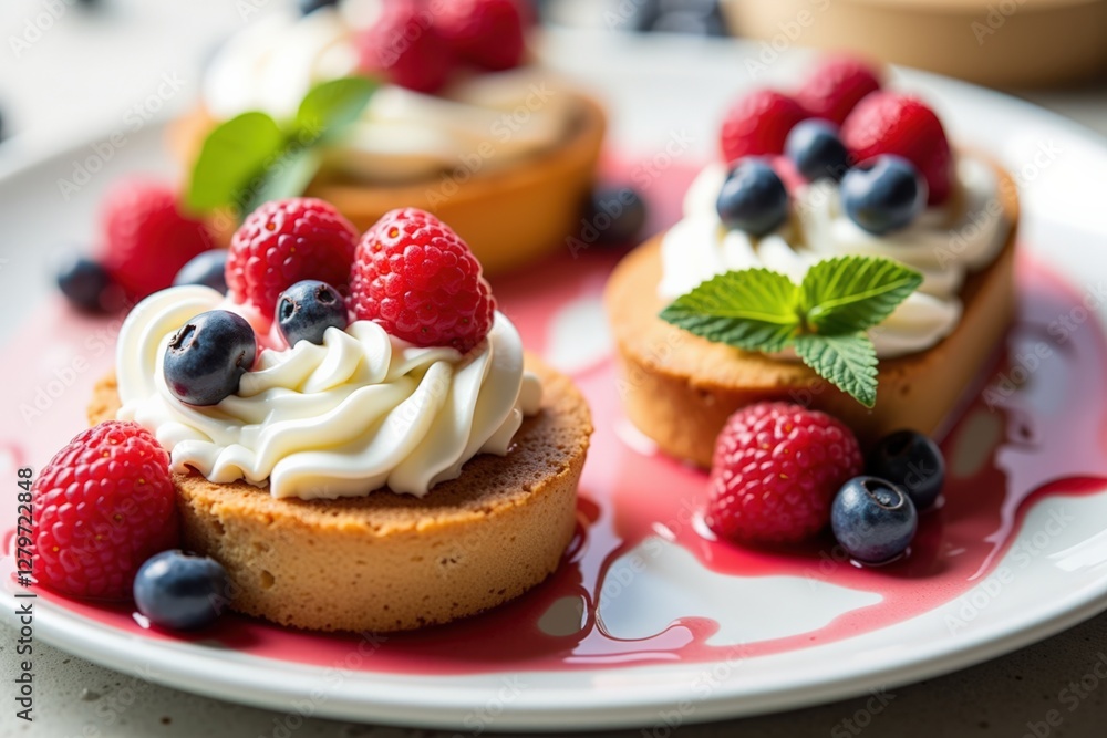Delicious Desserts: A Close-Up of Individual Fruit Tarts with Raspberries and Blueberries on a Decorative Plate, Showcasing Creamy Toppings and Colorful Sauces Delicious Desserts: A Close-Up of Individual Fruit Tarts with Raspberries and Blueberries on a Decorative Plate, Showcasing Creamy Toppings and Colorful Sauces