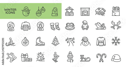 Winter icons. Large set of 31 trendy minimal winter icons. Snowflake, snowboard, winter hat, fireplace, and snowman icons. Design signs for web page, mobile app, packaging design. Vector illustration