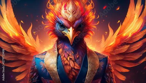 Majestic Fire Phoenix in Suit with Fiery Feathers and Jewel Adornments photo