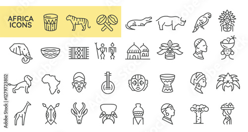 Africa icons. Set of 30 trendy minimal icons. Example: map, traditional mask, tribal figures, drum, woman with headwrap. Design signs for web page, mobile app, packaging design. Vector illustration.